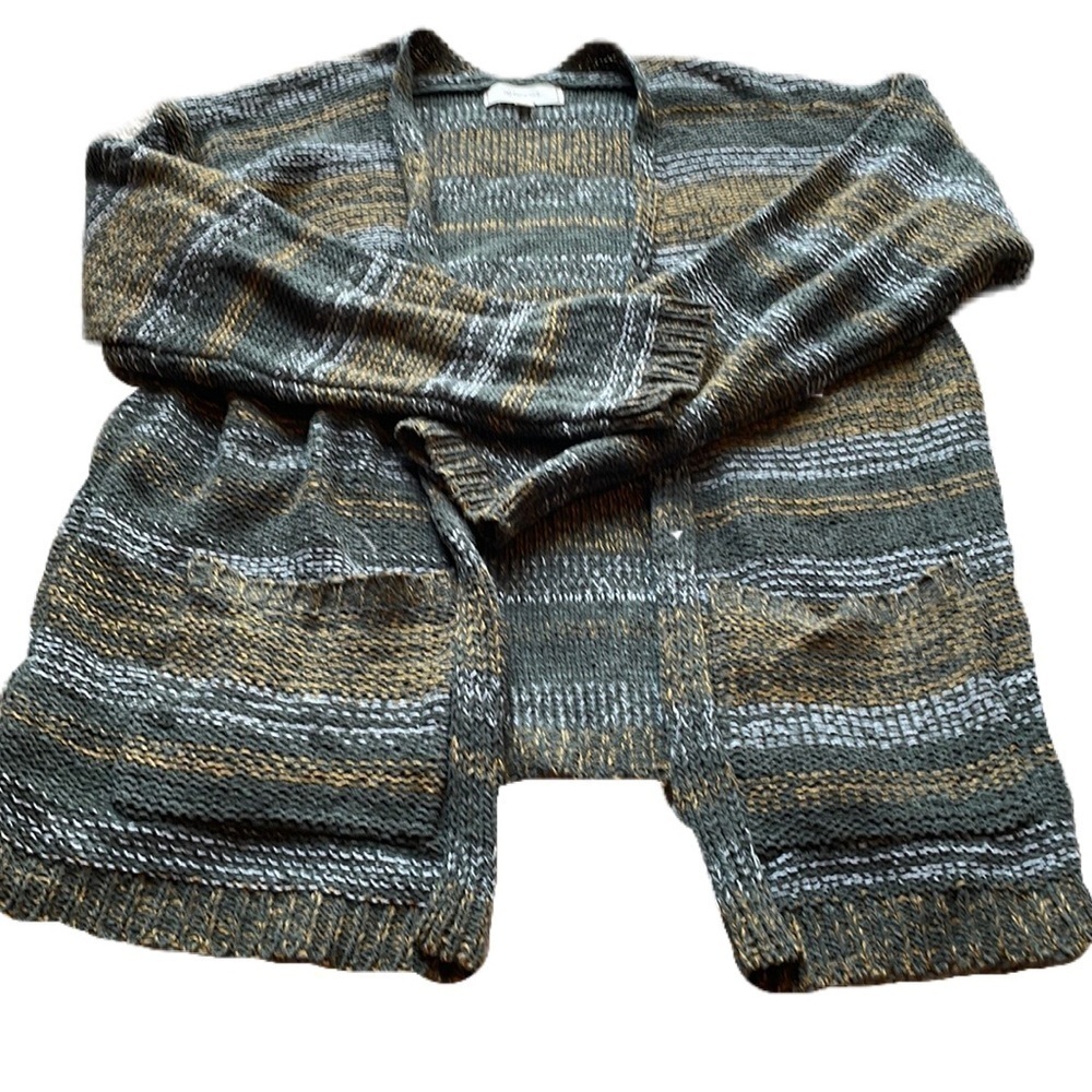No comment XL green, yellow and white knit striped open front cardigan